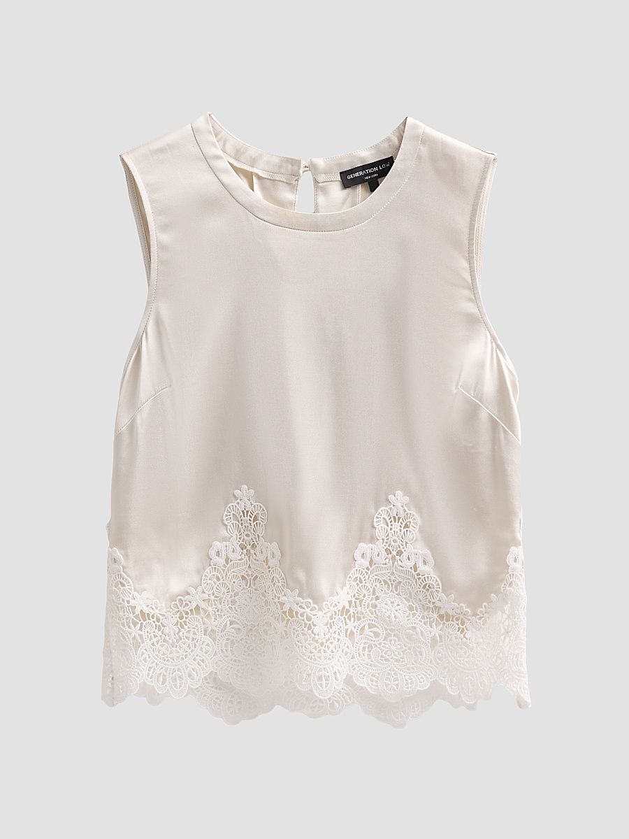 Women's Tegan Lace Trim Liquid Satin Top - Off White White - Size XL