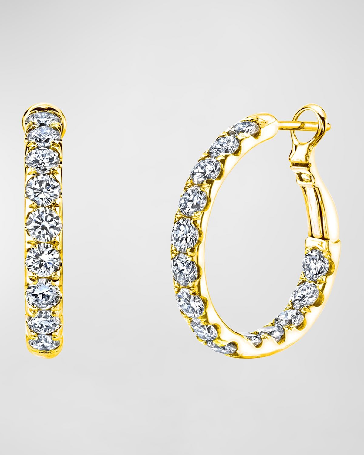 18K Gold Round Diamond Hoop Earrings, 3.9tcw/1"L