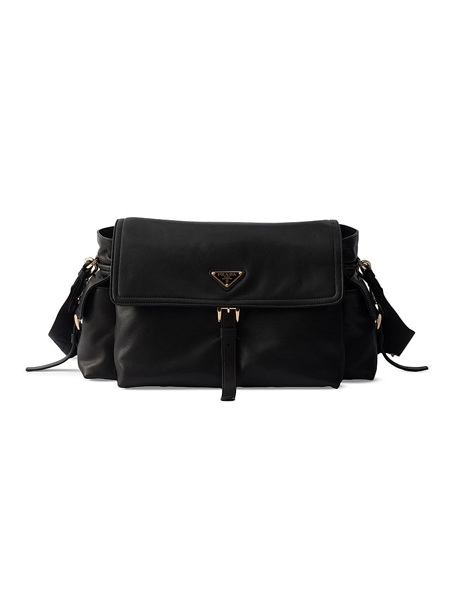 Women's Explore Large Nappa Leather Shoulder Bag with Flap - Black