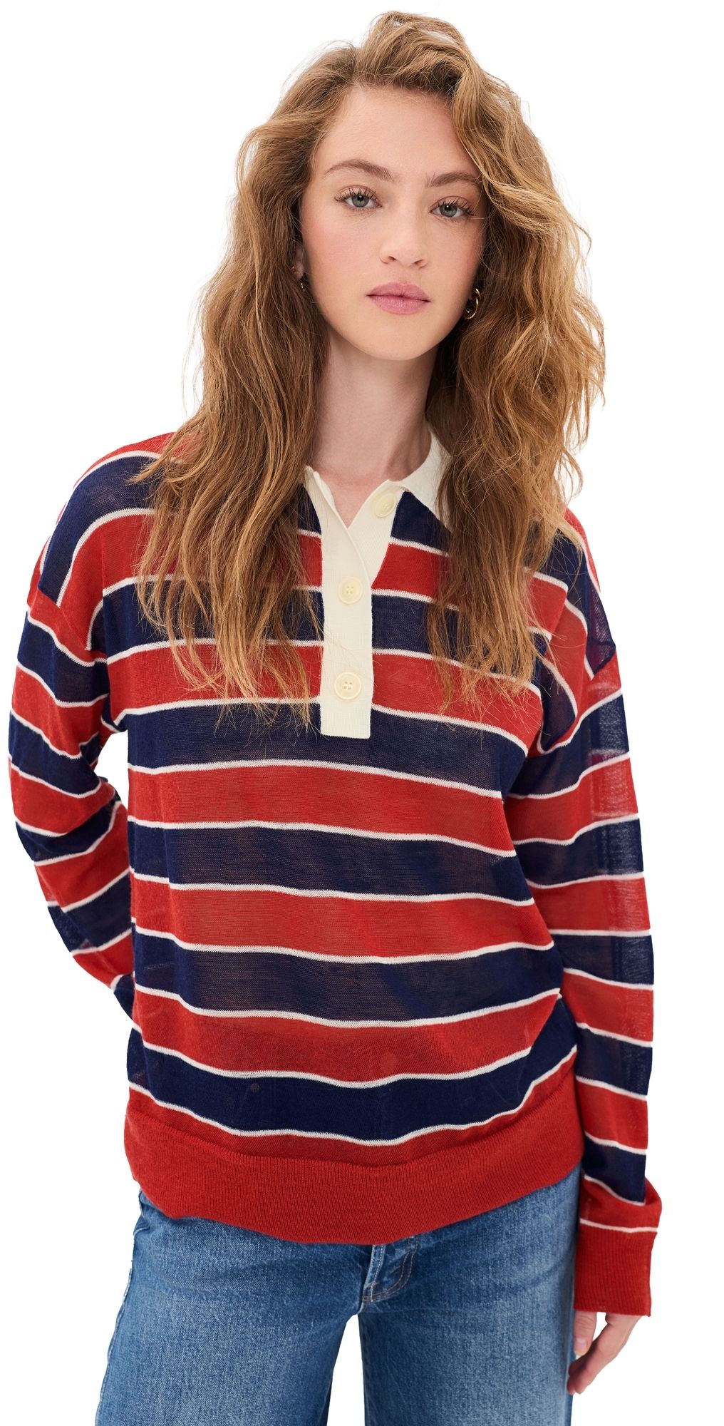 MOTHER The Biggie Raquette Knit Tee Red And Navy Stripe XL
