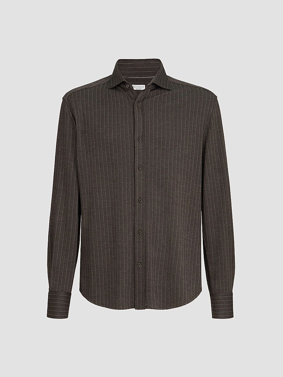 Men's Virgin Wool, Silk and Cotton Chalk Stripe Piqué Shirt - Brown - Size XXXXL