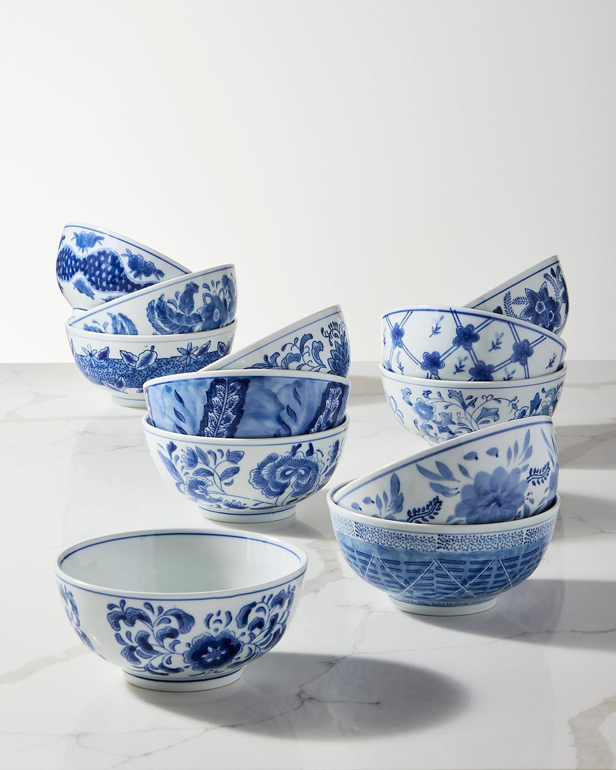 Set of 12 Assorted Blue & White Cereal Bowls
