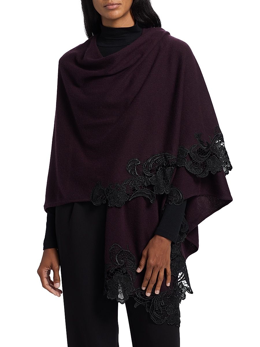 Women's Lace-Trim Cashmere Knit Cape - Fig