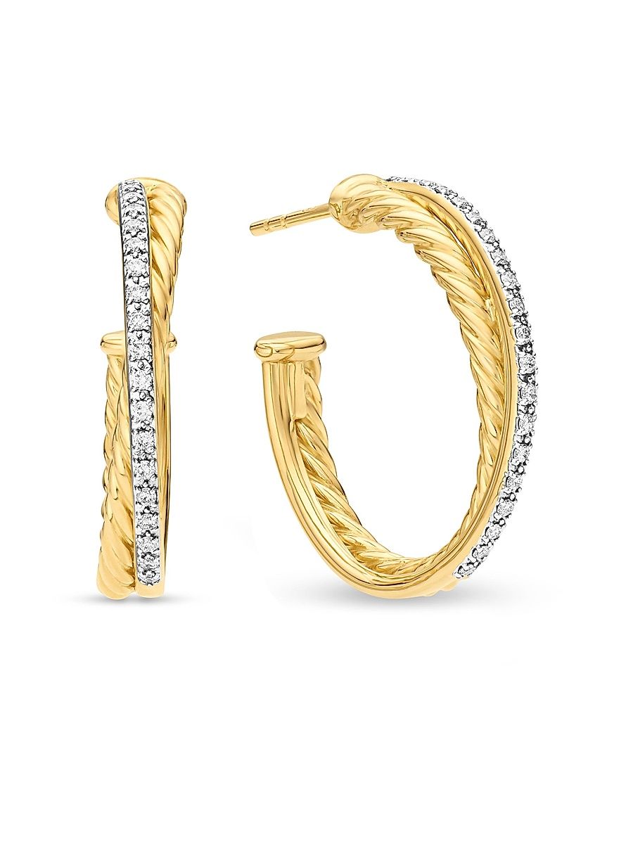 Women's Crossover Hoop Earrings in 18K Yellow Gold with Diamonds, 26.5mm - Diamond