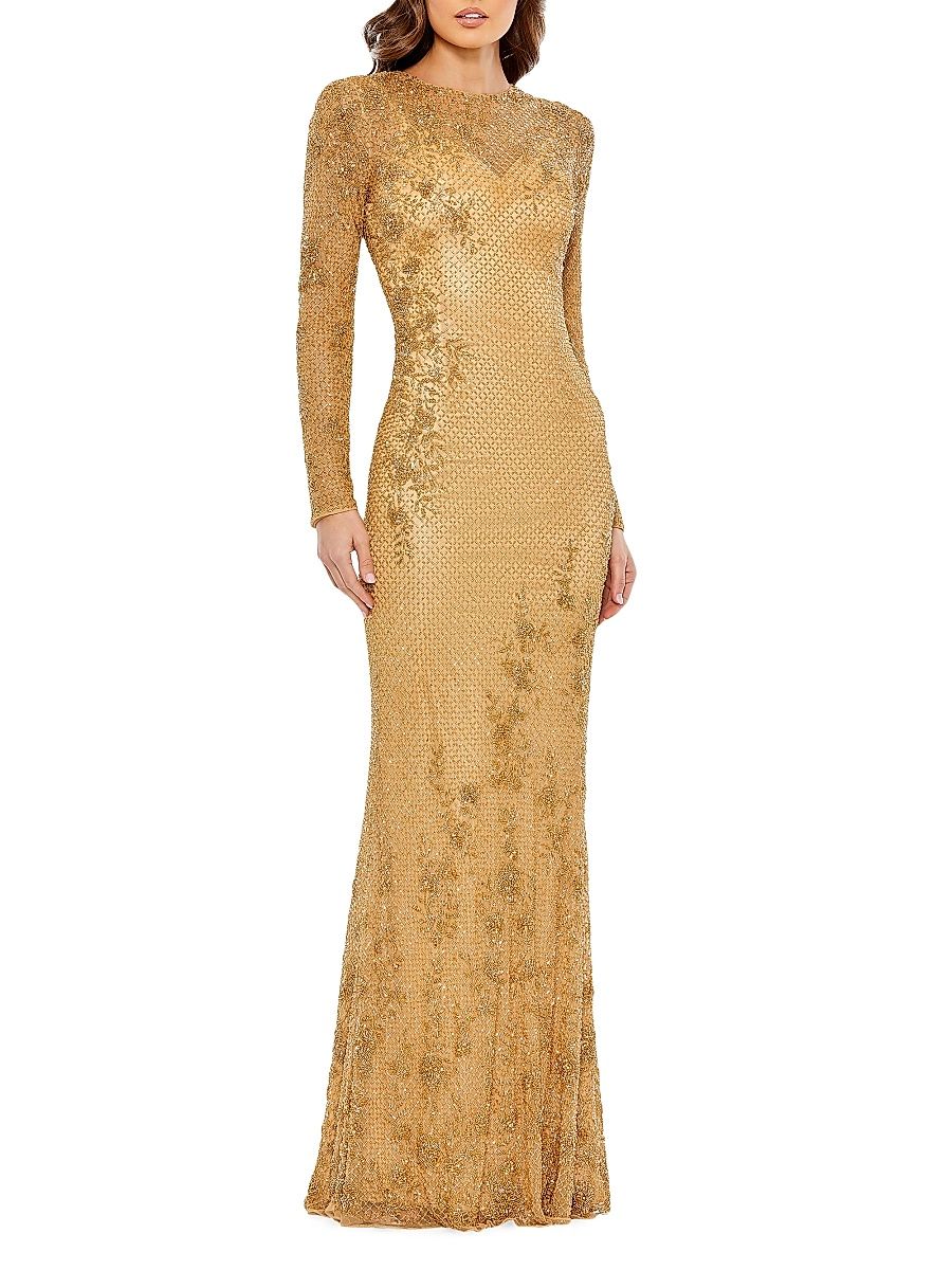 Women's Embellished Long Sleeve Gown - Gold - Size 18