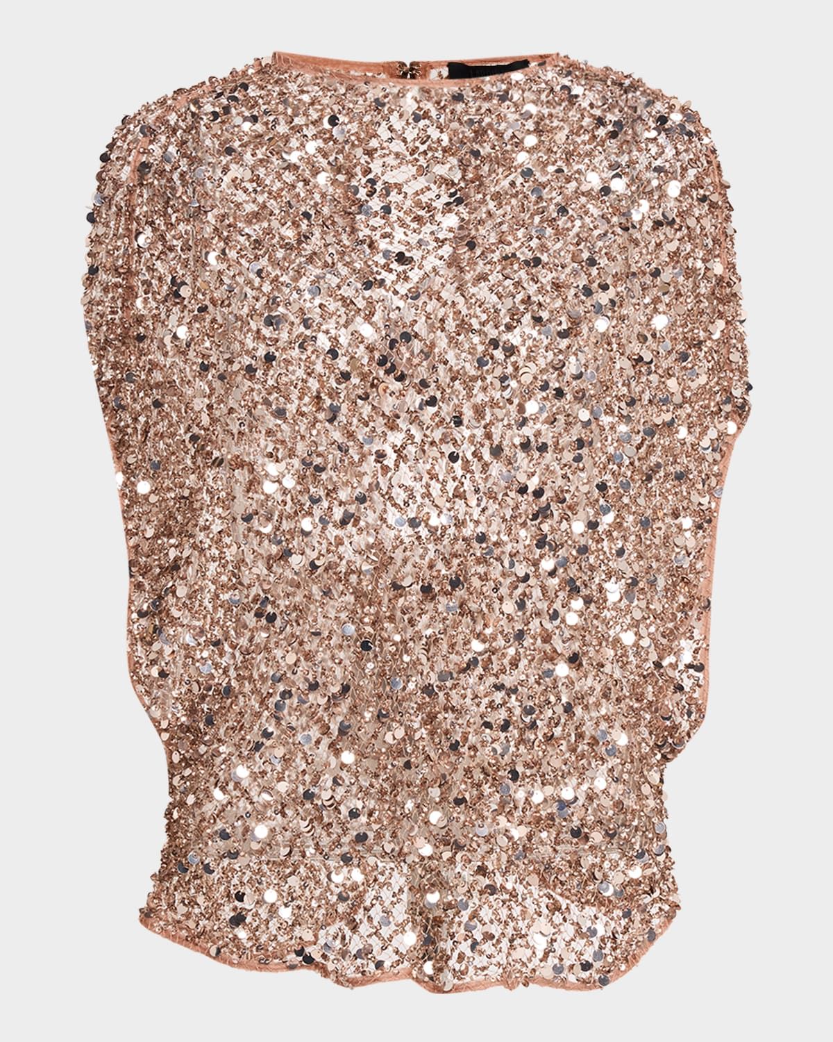 Sequined Net Mesh Cap-Sleeve Top