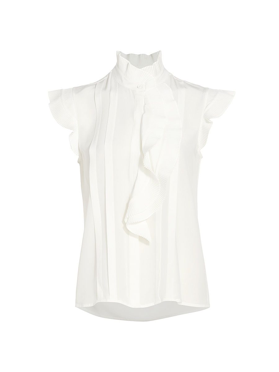 Women's The Chloe Silk Pleated Ruffled Blouse - Sky White - Size XL