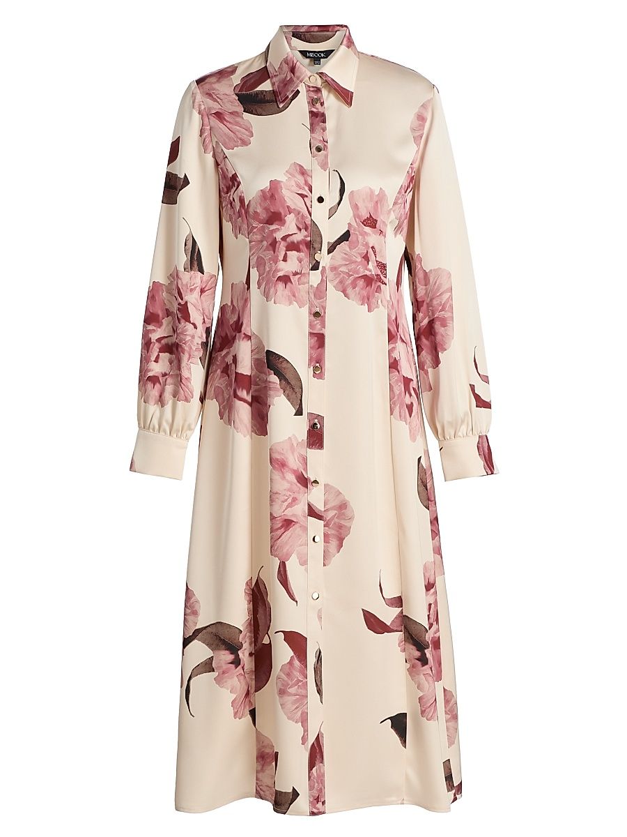 Women's Floral Crepe De Chine Midi-Shirtdress - Honeysuckle Russet Charmeuse - Size XXL