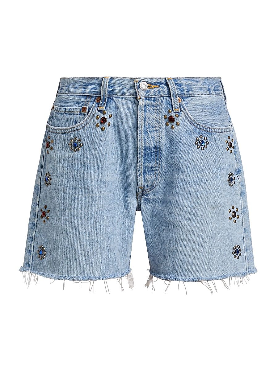 Women's Studded Floral Mid-Rise Boy Shorts - Indigo Bloom Stud - Size 28