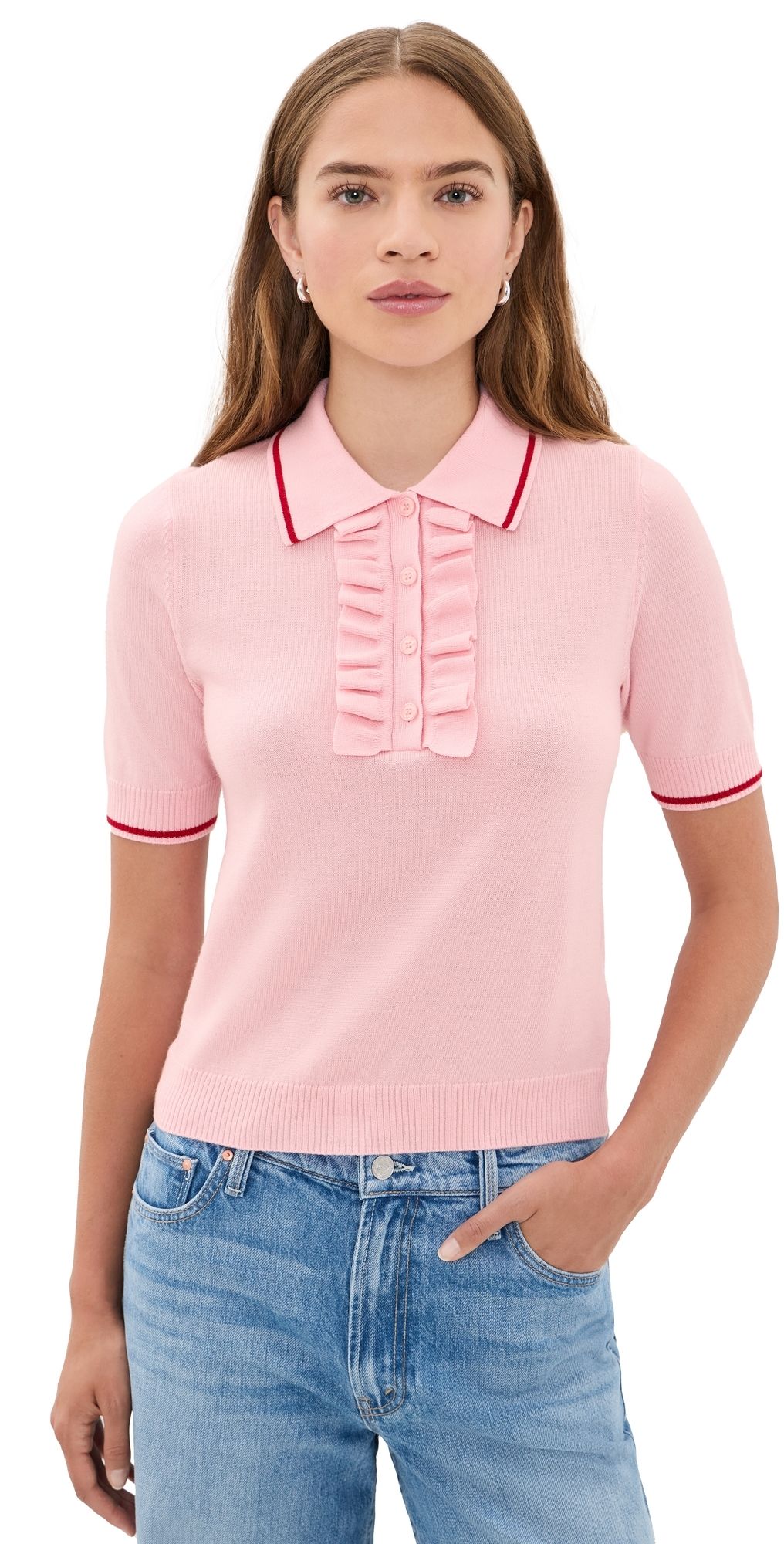 MOTHER The Ruffle Raquette Polo Jer Pink And Red L