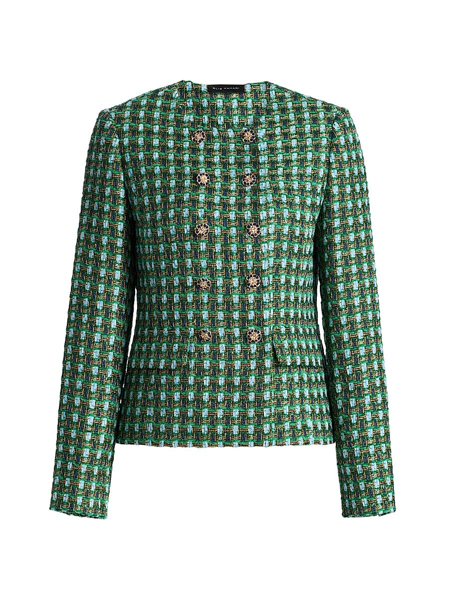Women's The Eleni Metallic Double-Breasted Jacket - Parrot Green Tweed - Size Small