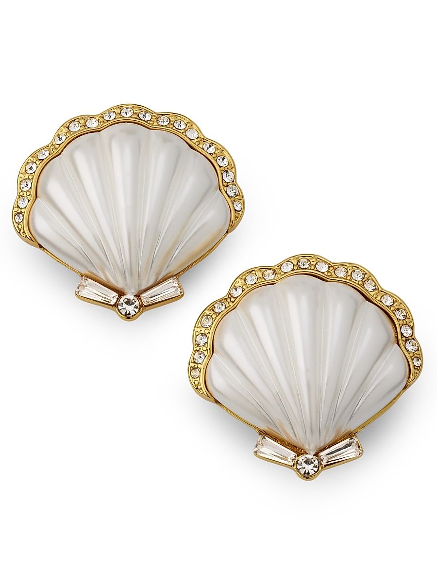 Women's 18K-Gold-Plated, Imitation Pearl & Glass Crystal Scallop Shell Clip-On Stud Earrings - Gold