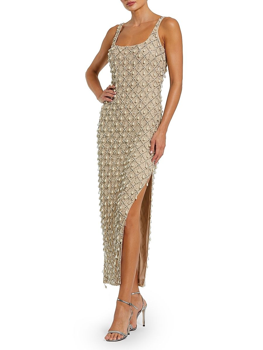 Women's Embellished Scoopneck Cocktail Dress - Beige Silver - Size 14