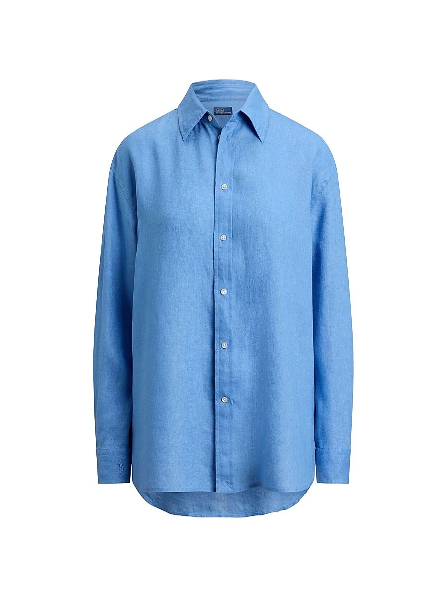 Women's Solid Linen Button-Front Shirt - Blue - Size XL