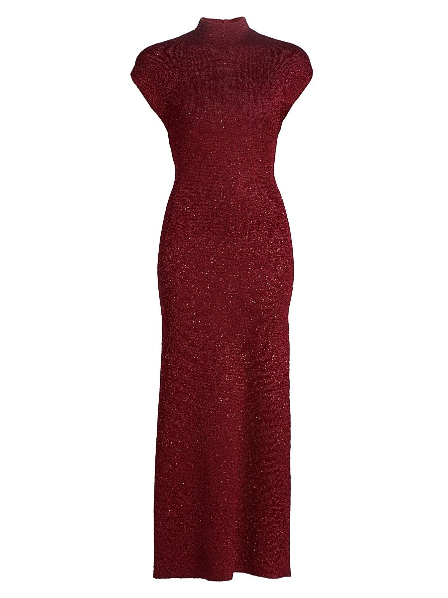 Women's Sequined Knit Mock Turtleneck Body-Con Dress - Wine - Size Large