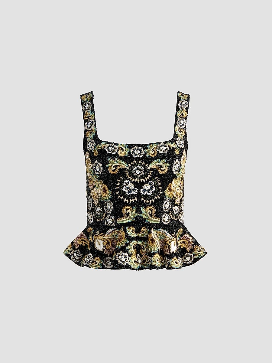ALICE + OLIVIA Women's Lilianna Embellished Peplum Corset Top - Black Multi - Size 14