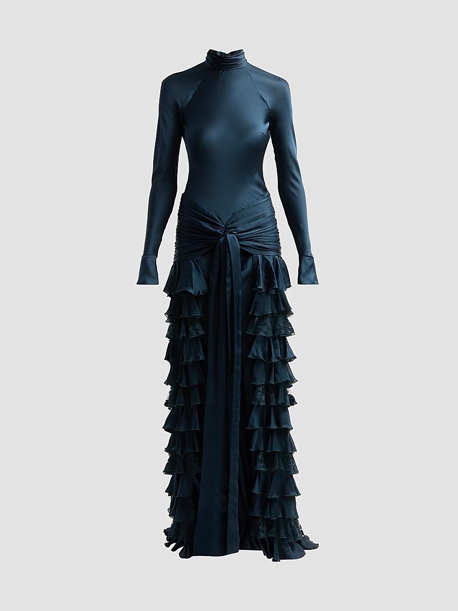 Women's Valiant Silk Ruffle Maxi Dress - Teal - Size 4