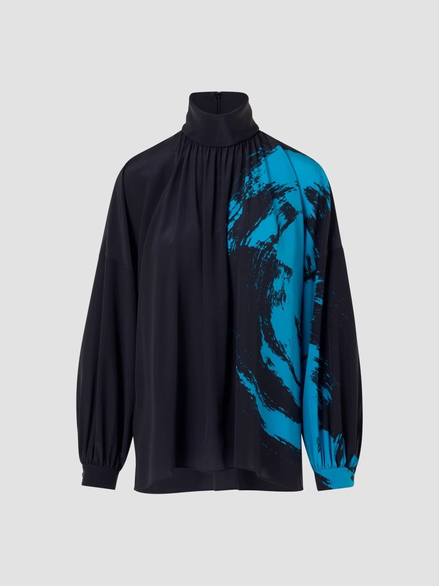 Akris punto Women's Galaxy-Print Silk Crepe De Chine Blouse - Black Lagoon - Size 18