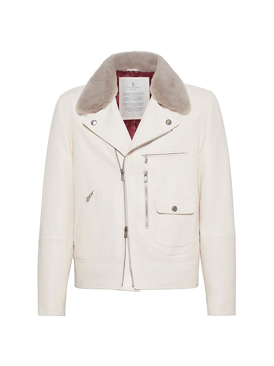 Men's Nappa Leather Biker Jacket with Thermore Padding and Detachable Shearling Collar - Ivory - Size XL