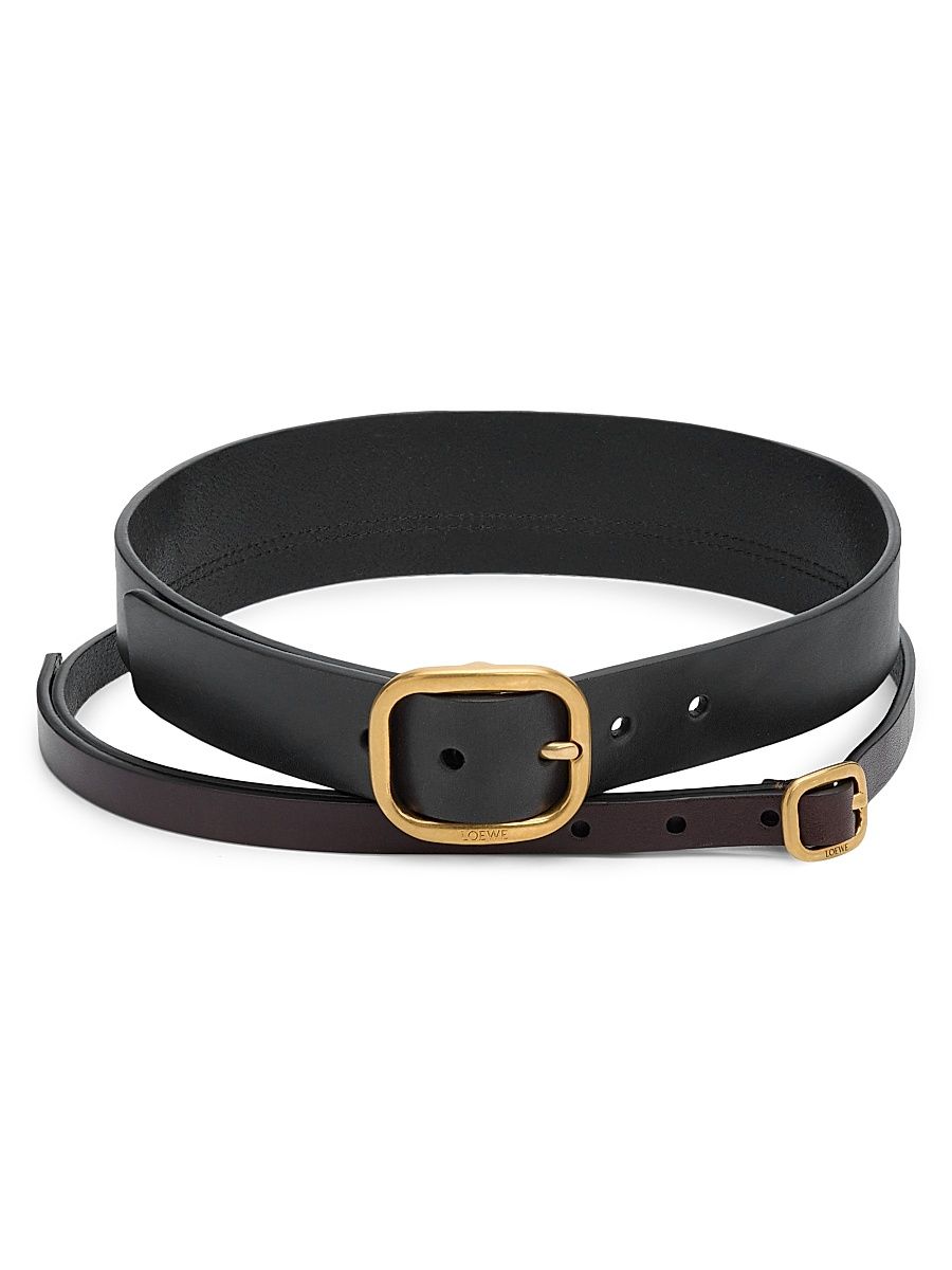 Women's Layered Double Leather Belt - Black Dark Brown Gold - Size XS