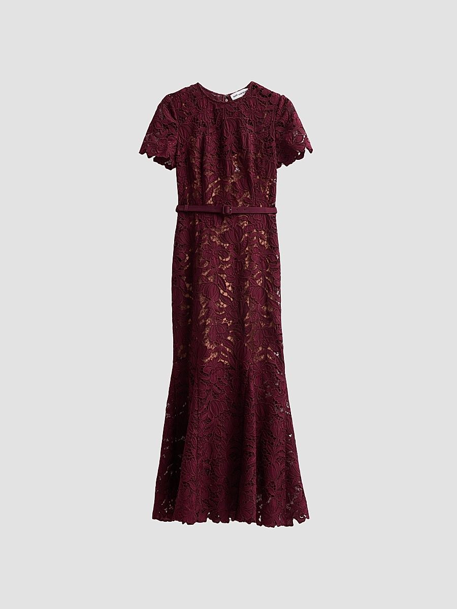 Women's Lace Belted Midi Dress - Burgundy - Size 10