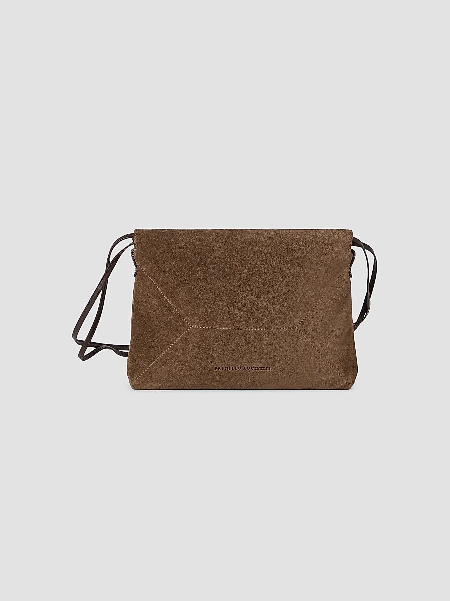 Women's Pouch Bag in Suede with Monili - Brown