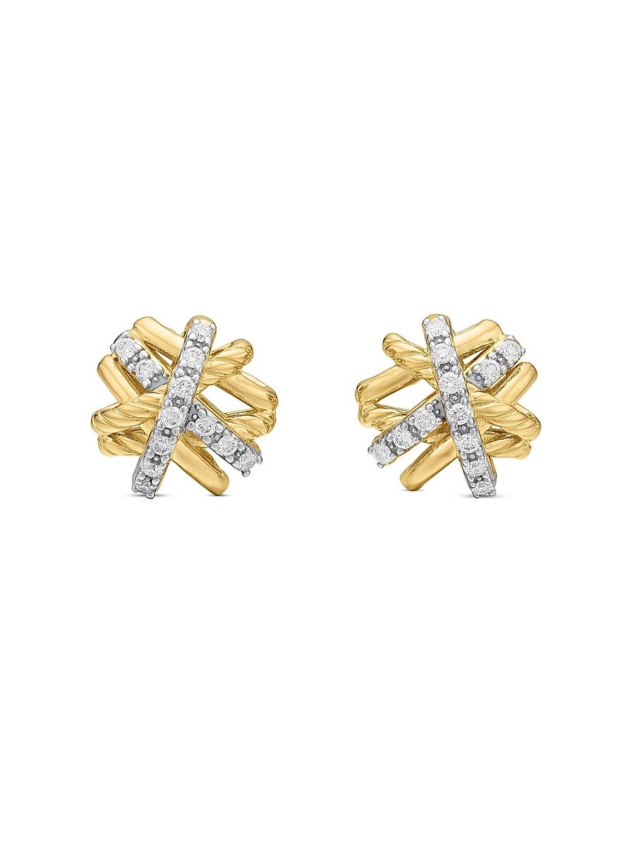 Women's Crossover Stud Earrings in 18K Yellow Gold with Diamonds, 11MM - Gold