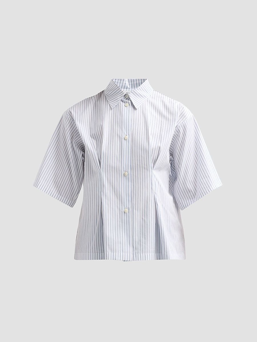 Women's Pinstripe Cotton Poplin Short-Sleeve Shirt - Artic Sea - Size 8