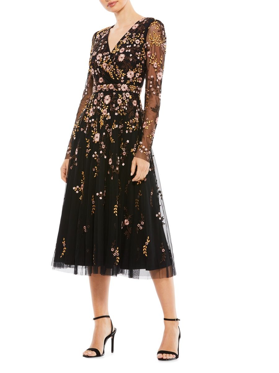 Mac Duggal Women's Embroidered Floral Midi Dress - Black Multi - Size 2
