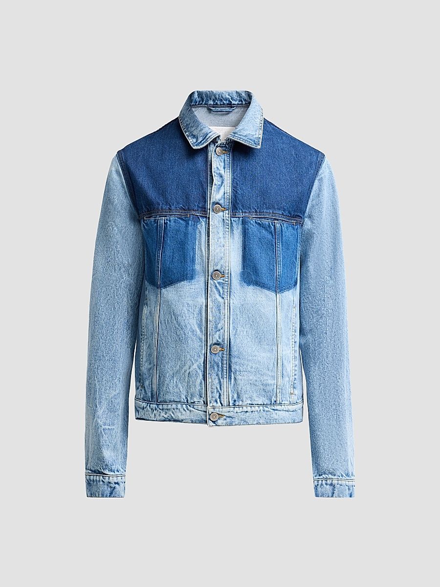 Men's Contrast Panel Denim Trucker Jacket - Shades Of Indigo Blue - Size 44
