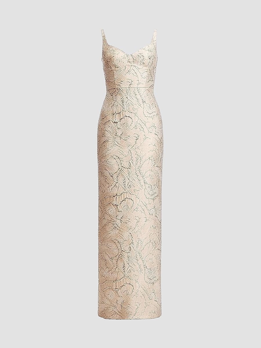 Dress The Population Women's Elijah Metallic Lace Jacquard Column Dress - Champagne - Size XL