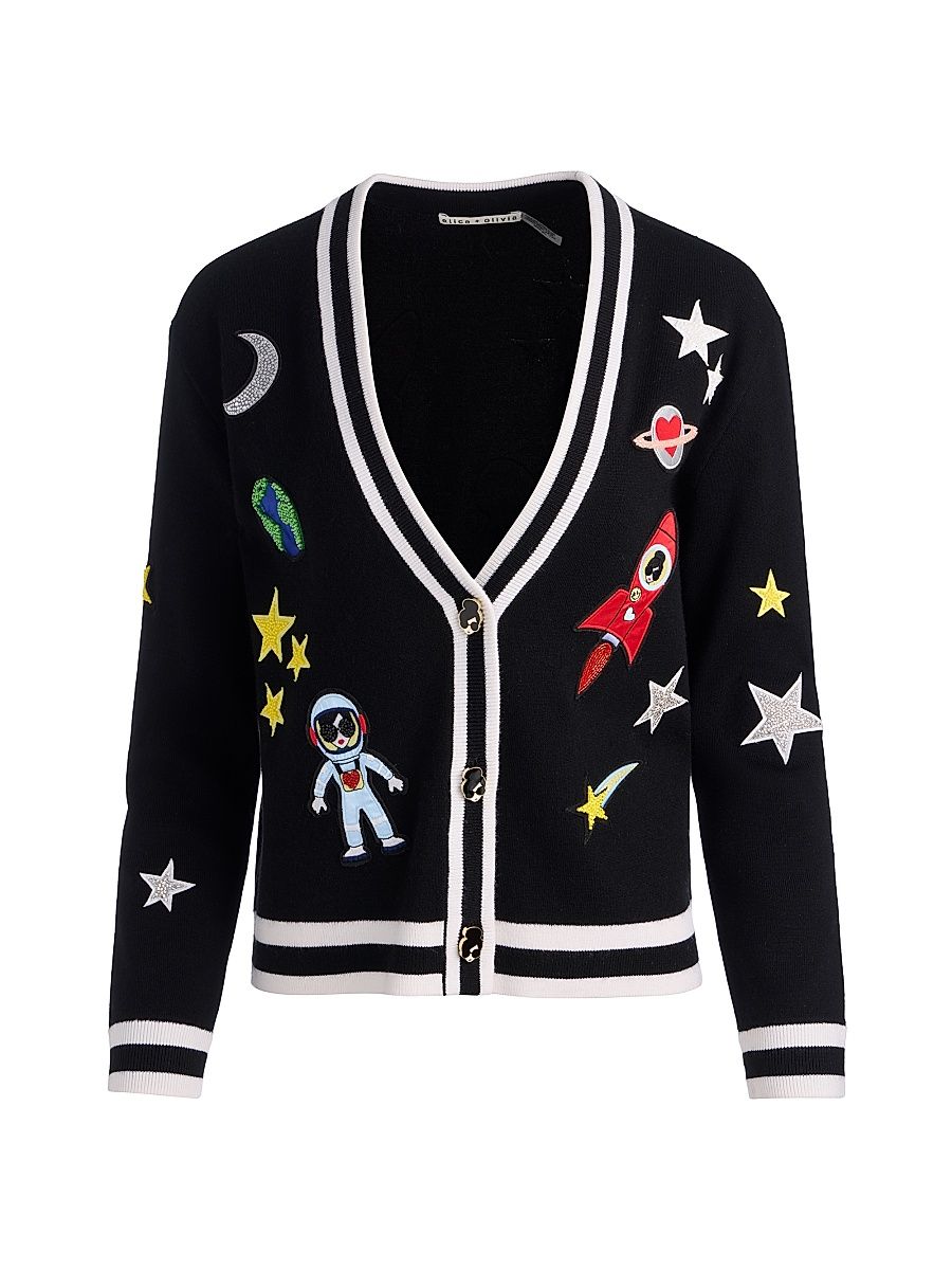 Women's Bradley Space Staceface Embroidered Cardigan - Black Multi - Size Large