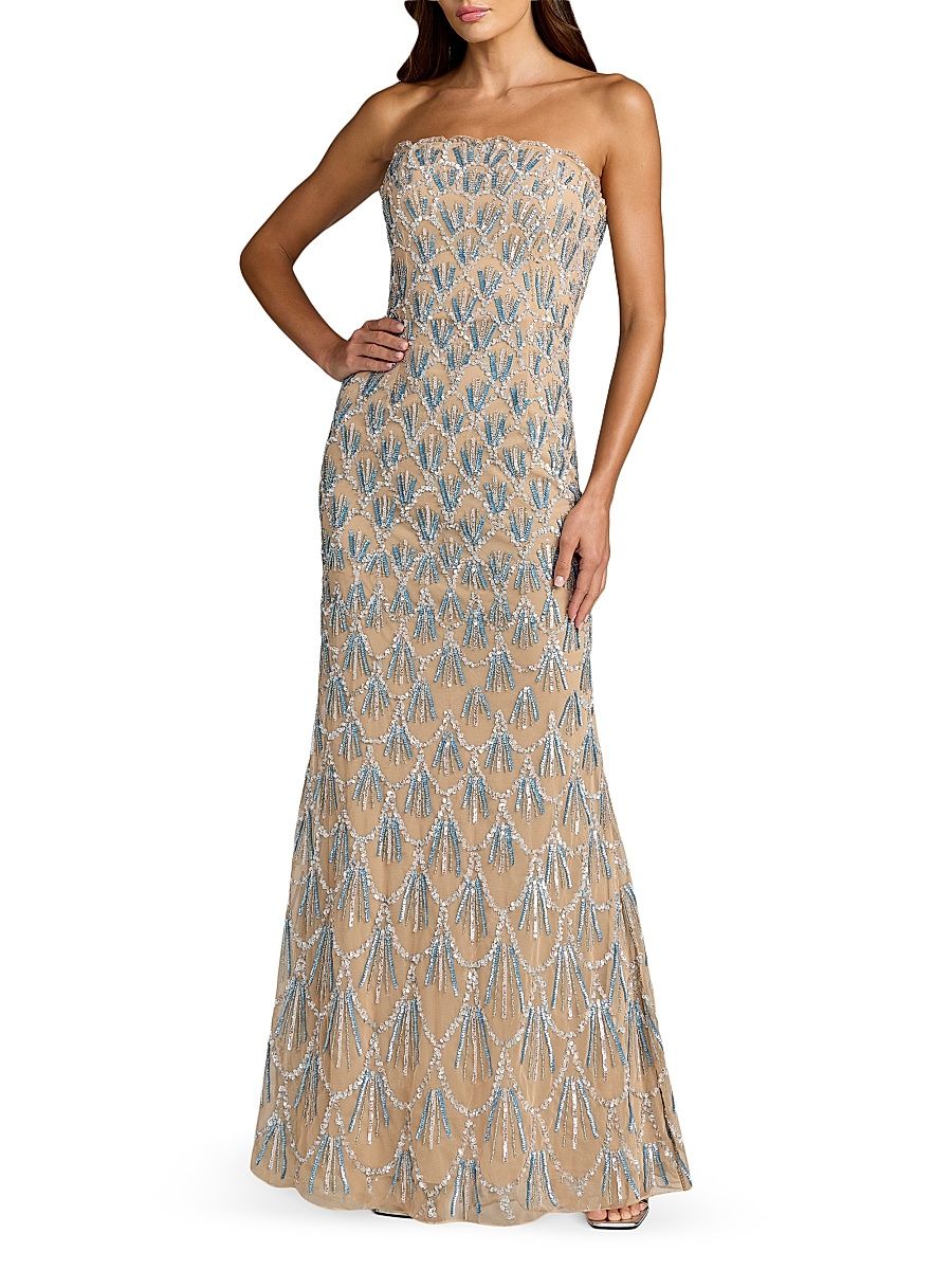 Women's Embellished Mesh Trumpet Gown - Beige Silver - Size 14