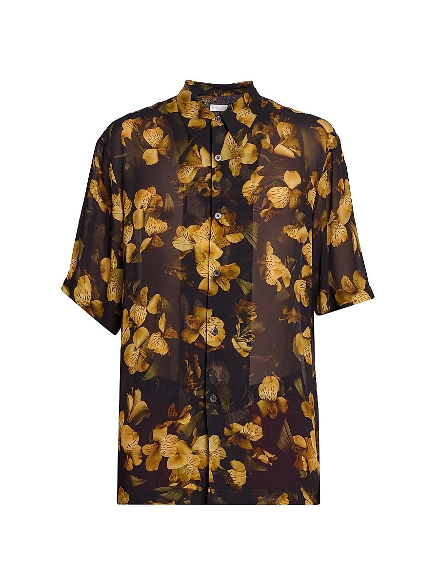 Men's Clasen Floral Cotton-Wool Button-Front Shirt - Ocra - Size 40