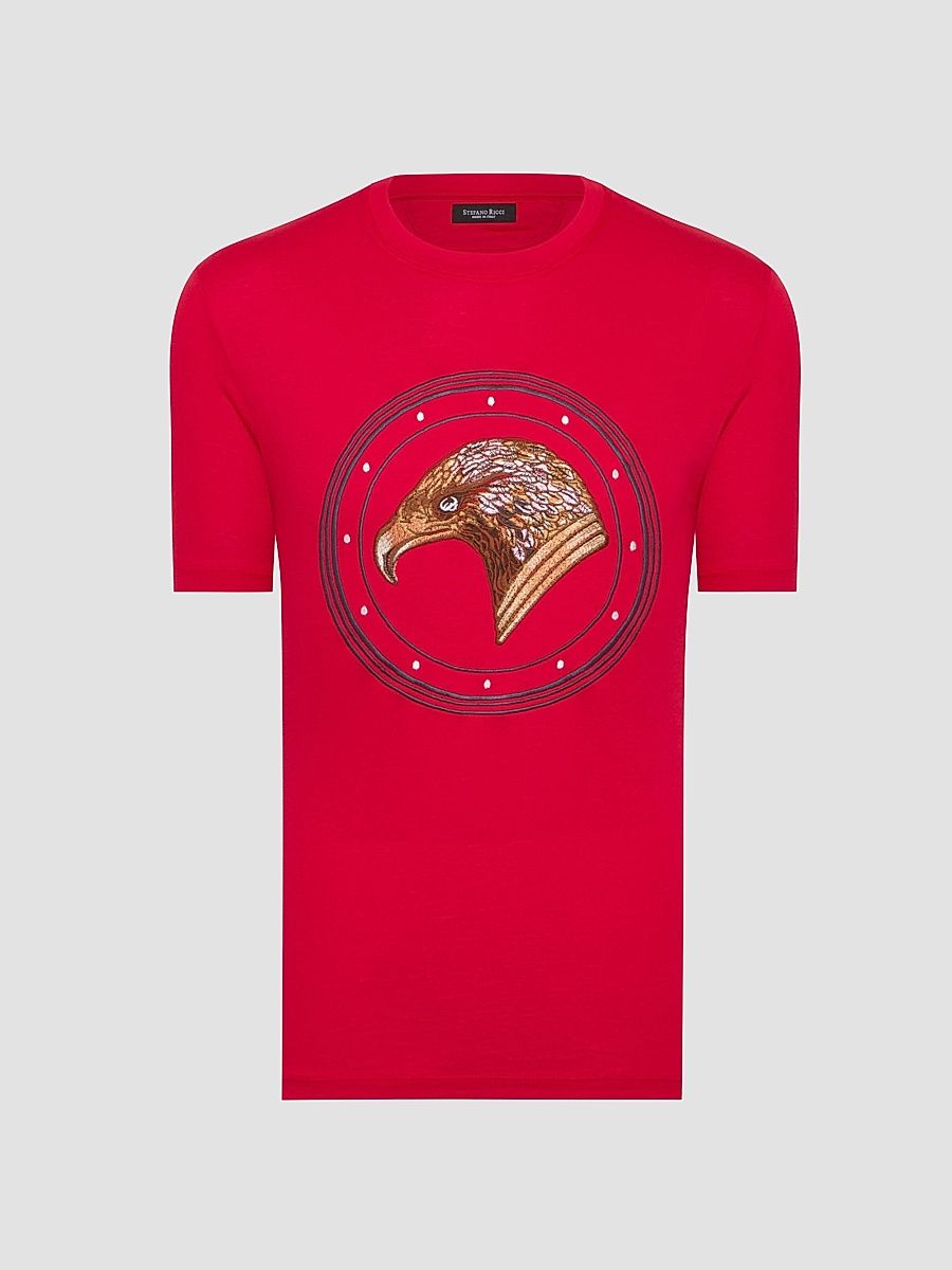 Men's Eagle Embroidered Design T-Shirt - Spy Red - Size Small