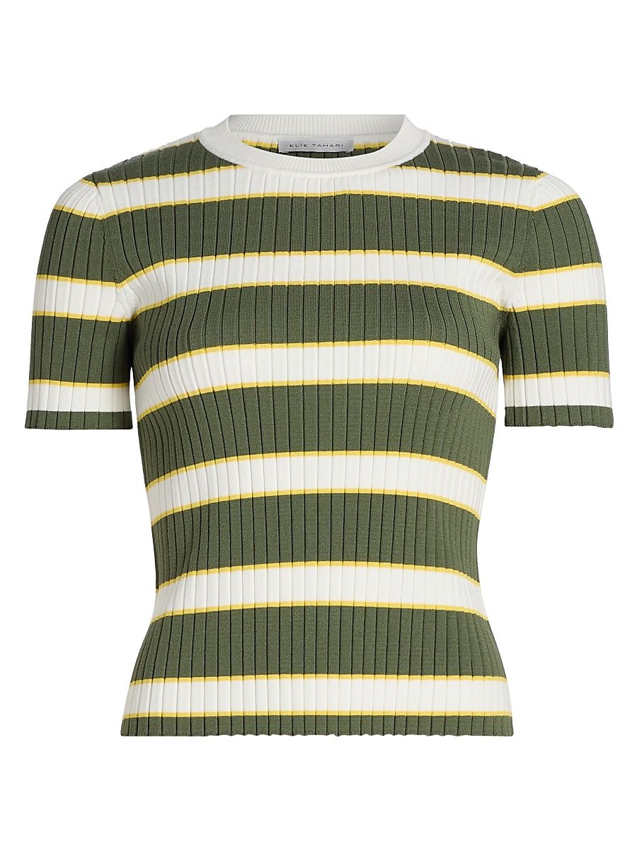 Women's The Stevie Striped Rib-Knit Top - Dark Sage Stripe - Size XL