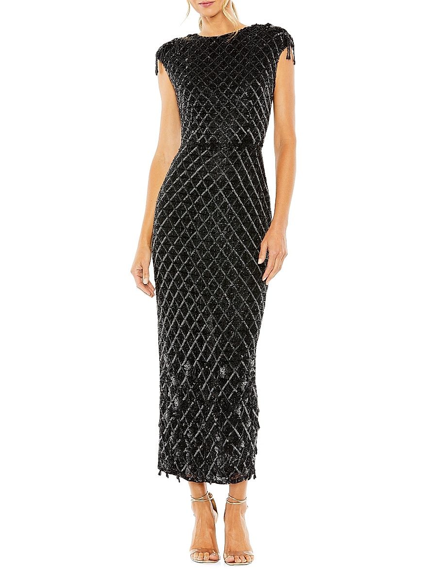 Women's Crystal Fringe Cap-Sleeve Dress - Black - Size 16