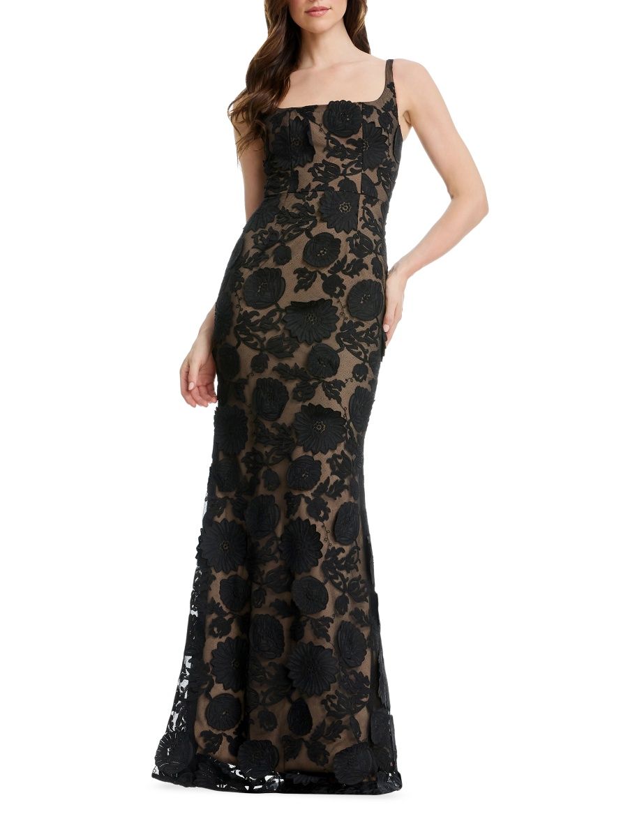 Dress The Population Women's Lorena Floral-Embroidered Mesh Gown - Black Beige - Size Large