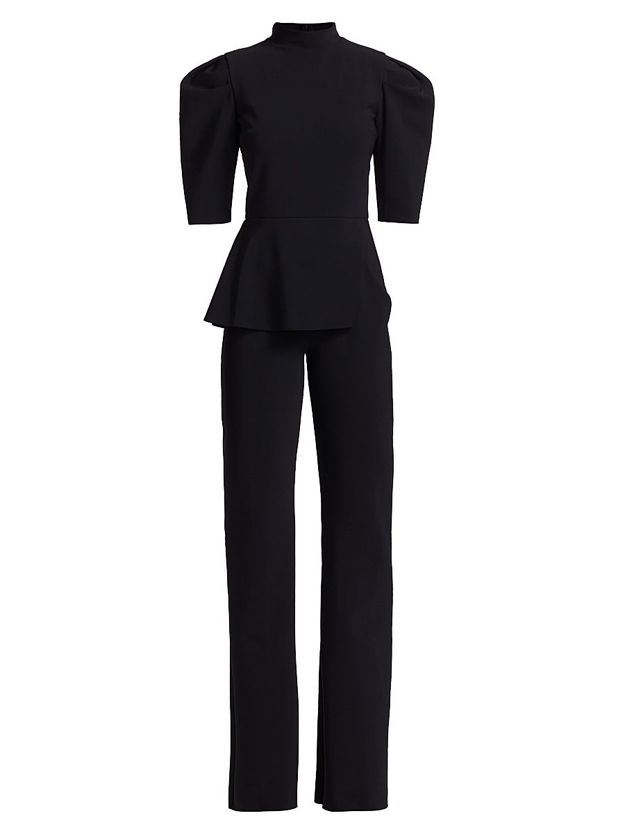 Women's Mixed-Media Puff-Sleeve Jumpsuit - Black - Size 14