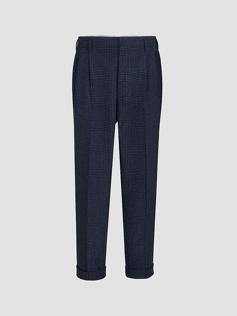 Men's Comfort Wool and Cashmere Prince of Wales Flannel Trousers - Blue - Size 46