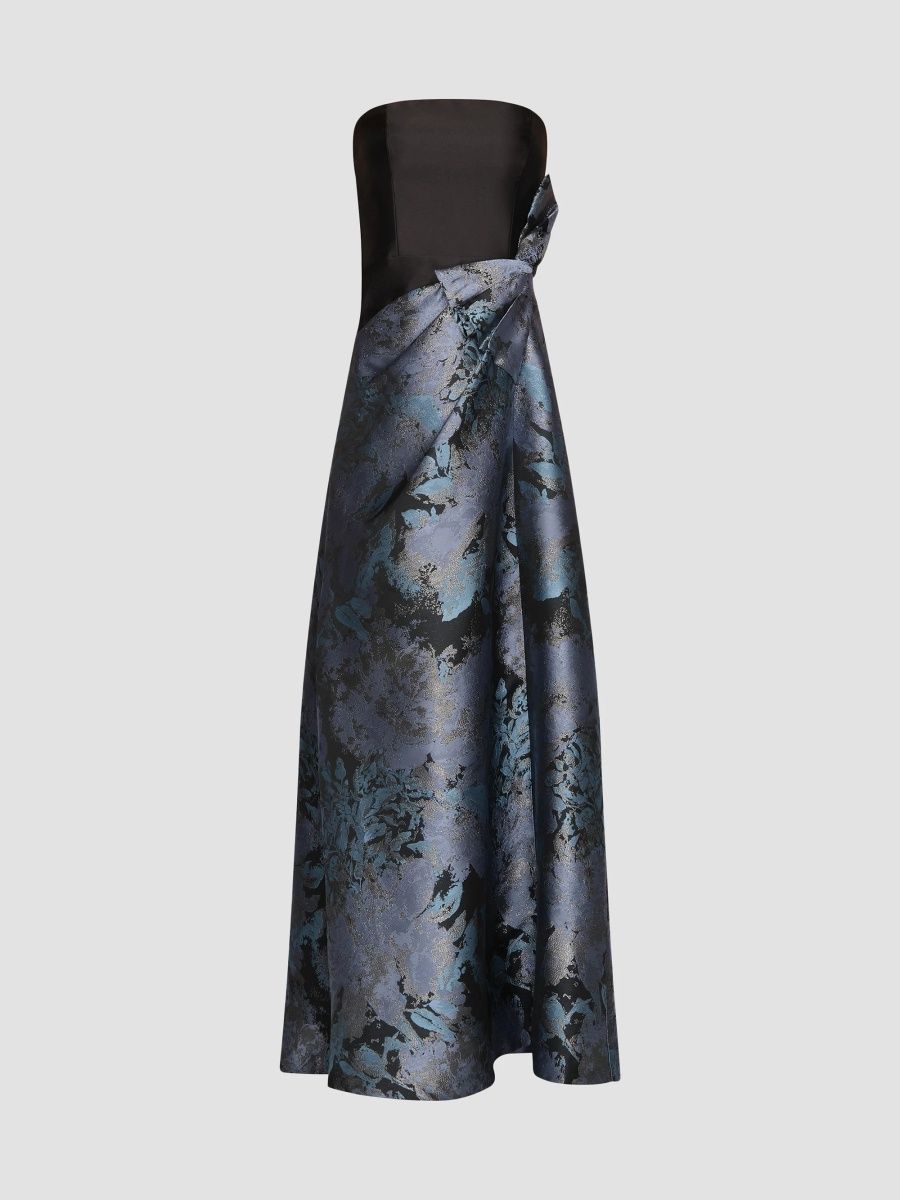 Kay Unger Women's Eva Dauphine Jacquard Asymmetic Gown - Chambray Multi - Size 10
