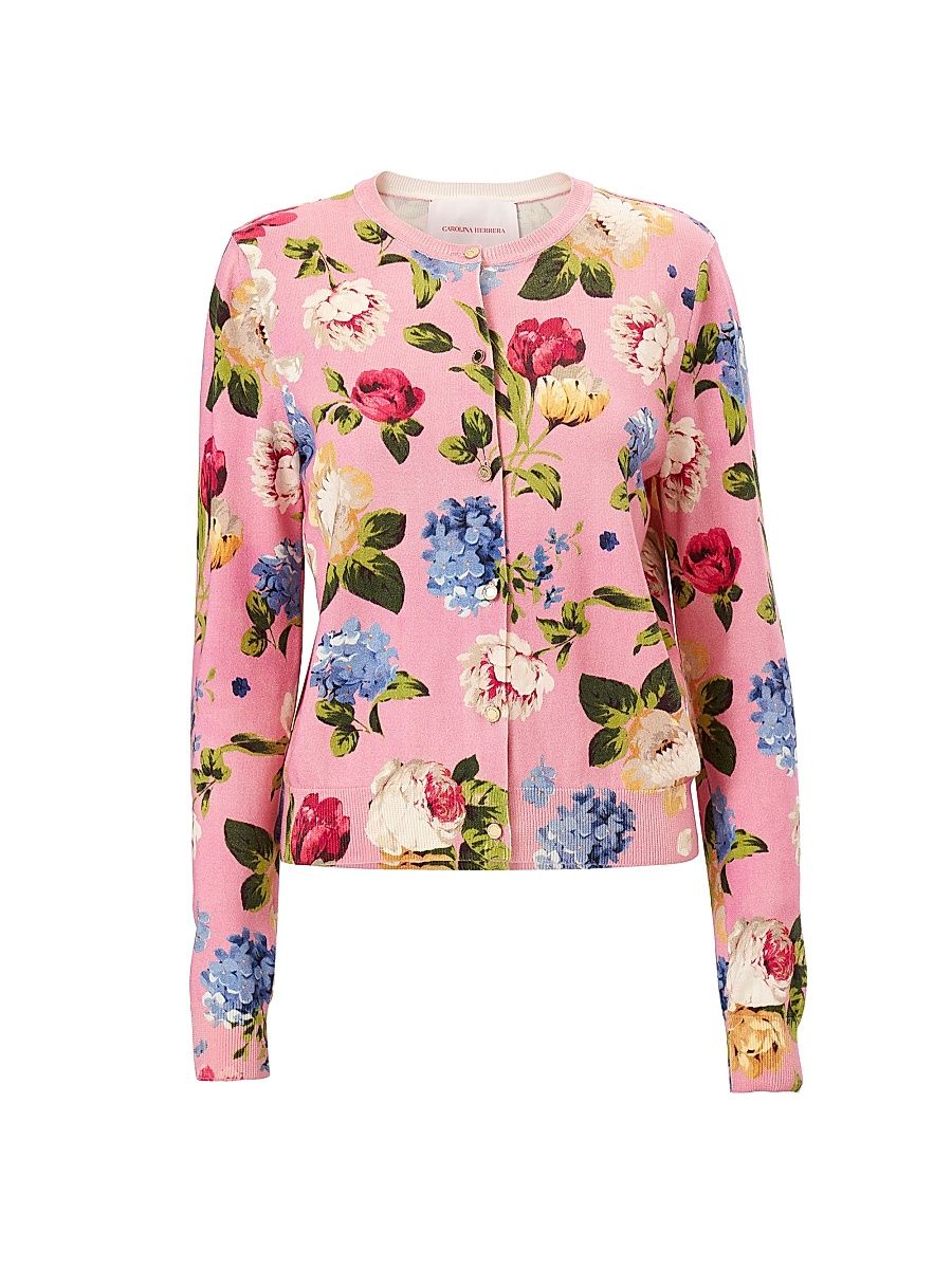 Women's Cabana Floral Crewneck Long-Sleeve Cardigan - Rosewater Multi - Size XS
