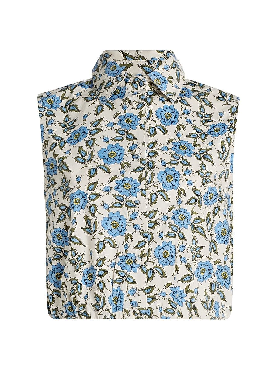 Women's Faee Floral Cotton Cropped Sleeveless Shirt - Blue Bell Floral - Size XL