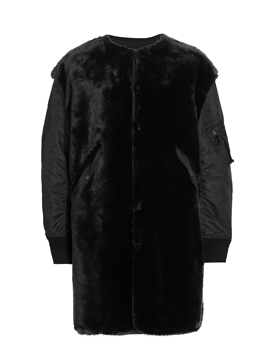 Women's Mixed-Media Faux-Fur Oversized Coat - Black - Size Large