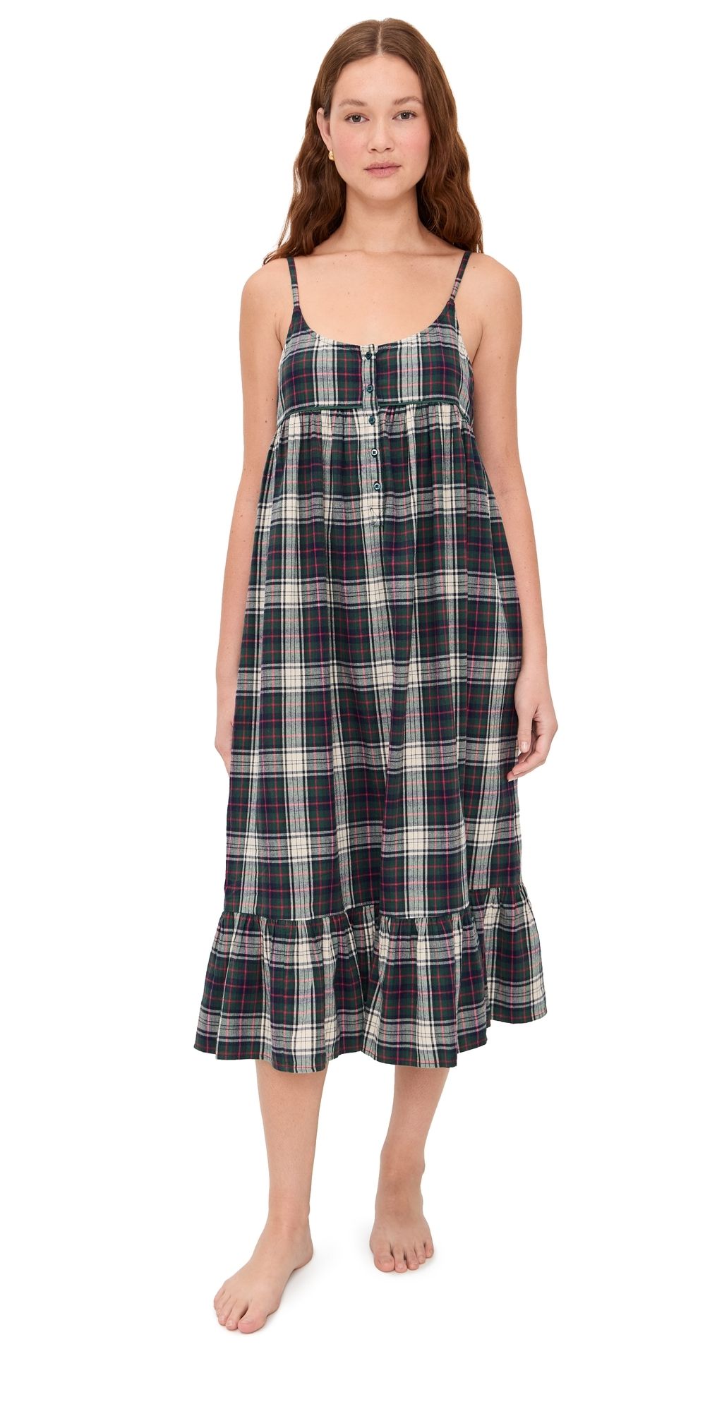 THE GREAT. The Flannel Ruffle Tank Night Dress Pine Lodge Plaid 2