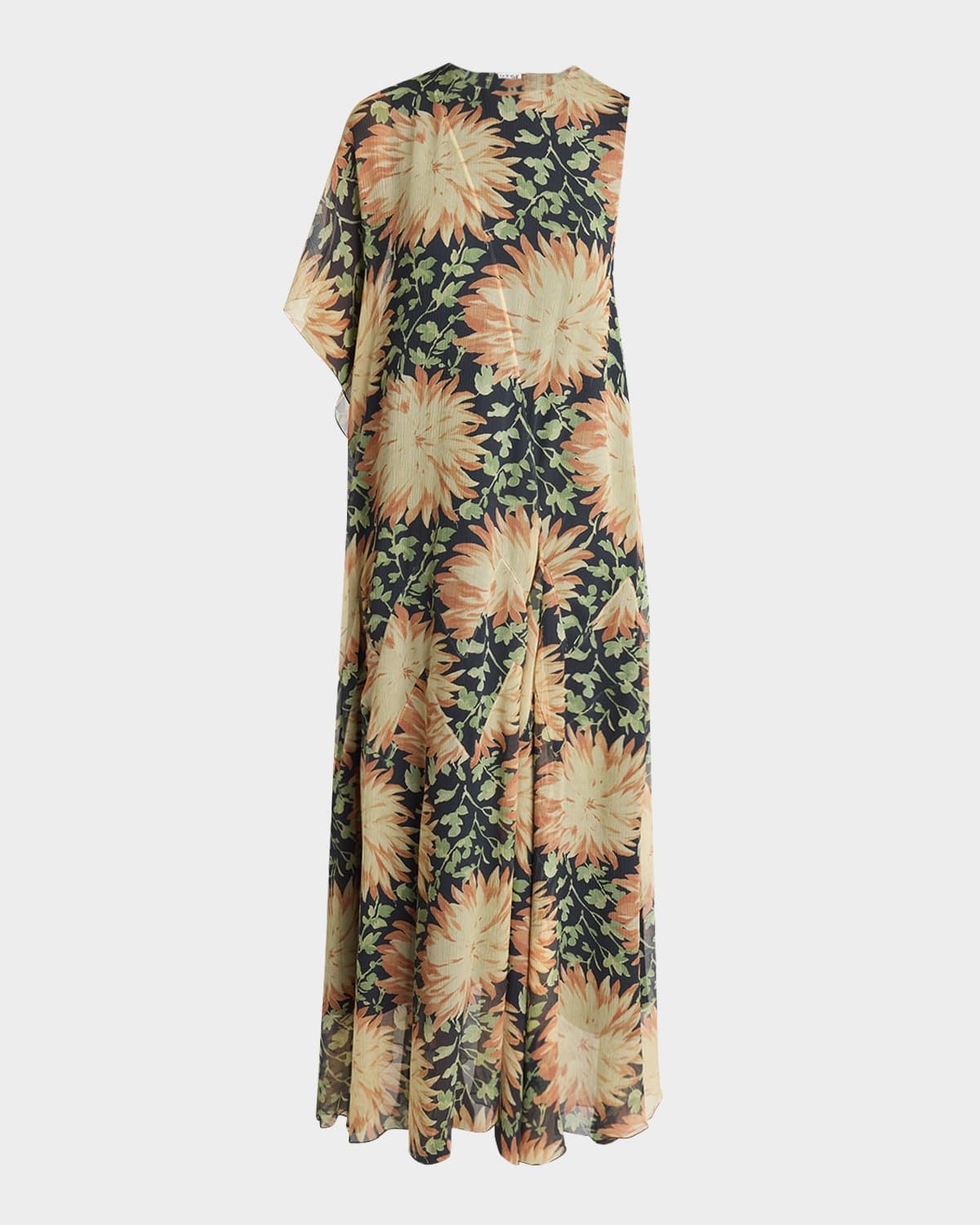 Long Floral Print One-Sleeve Chiffon Silk Dress