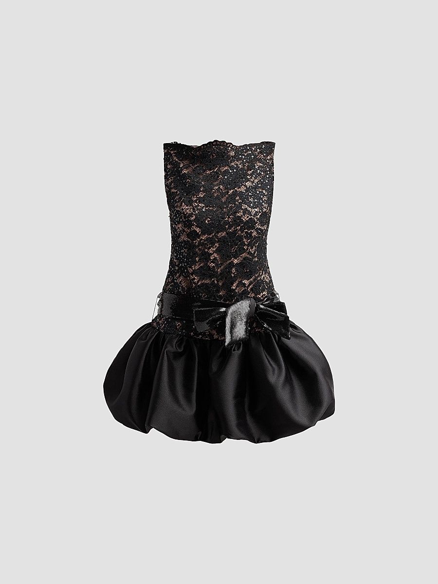Women's Sequin Lace Bubble-Hem Mini Dress - Black - Size 12