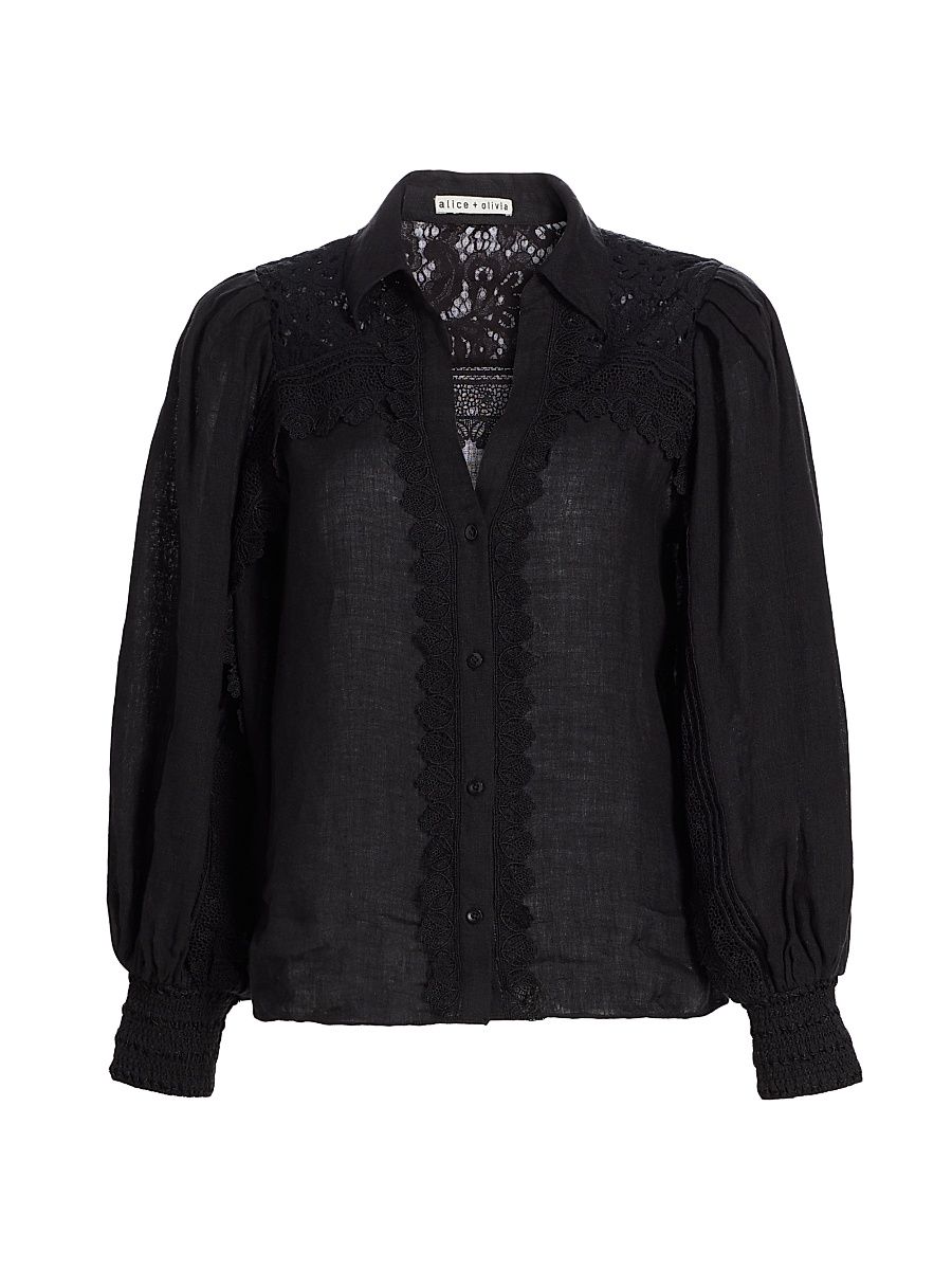 Women's Linen Lace-Paneled Blouse - Black - Size Small