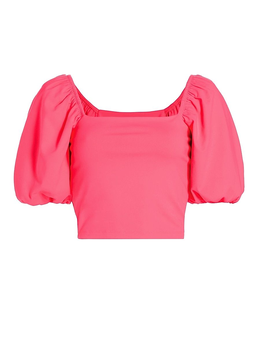 Women's Crop Puff-Sleeve Top - Shocking Pink - Size XL