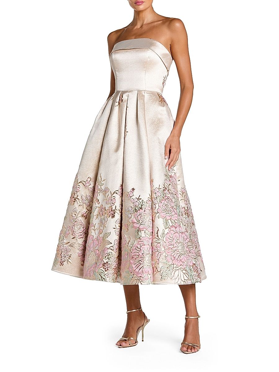 Women's Floral Brocade Strapless Midi-Cocktail Dress - Champagne Multi - Size 16